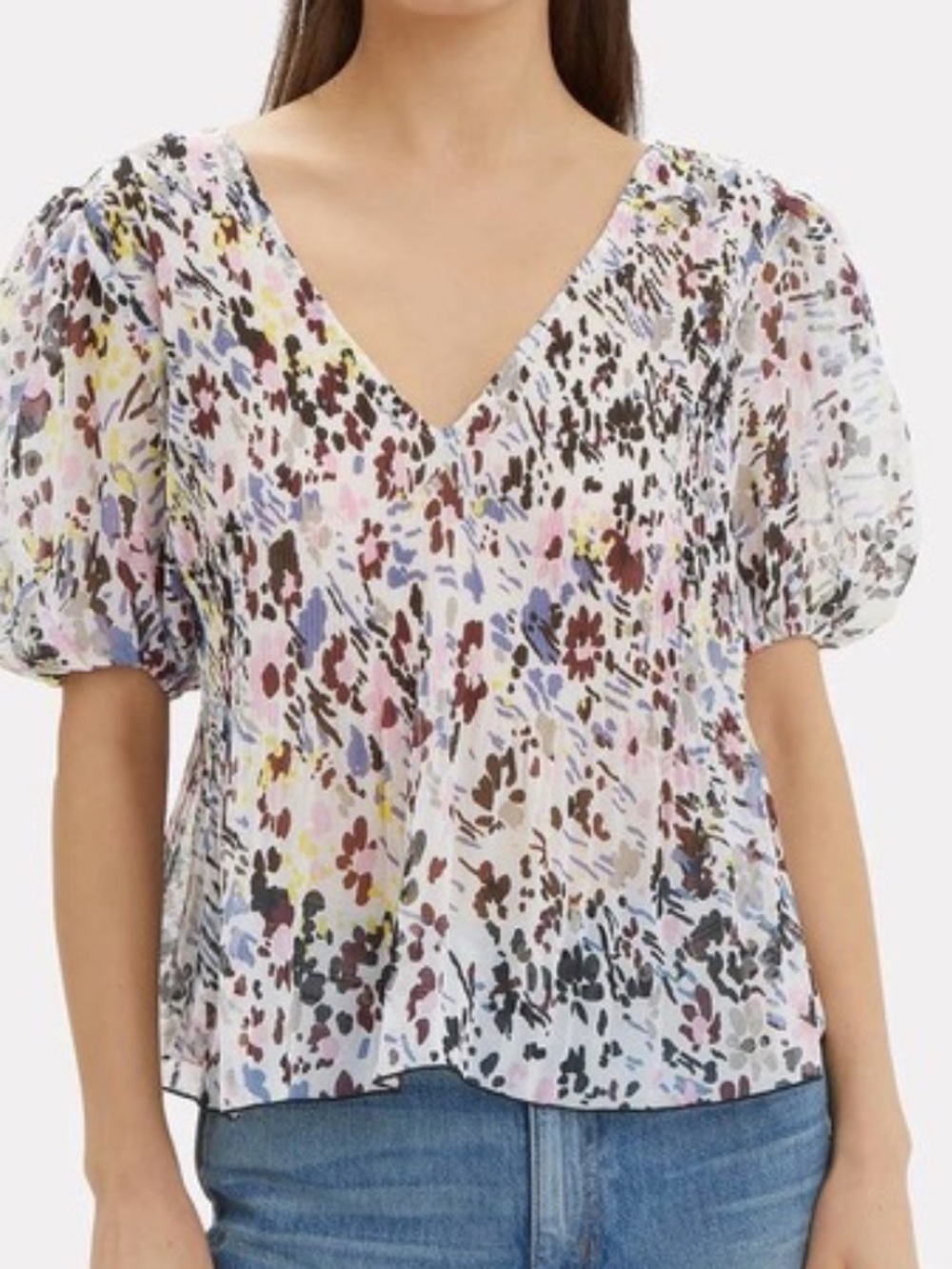 Ganni Egret Pleated Georgette Floral Top - Multicolor size 36